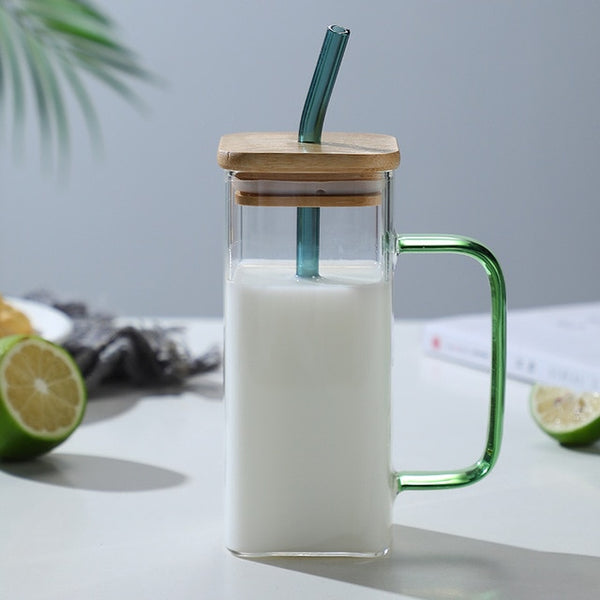 Stylish Square Glass Mug With Lid and Straw