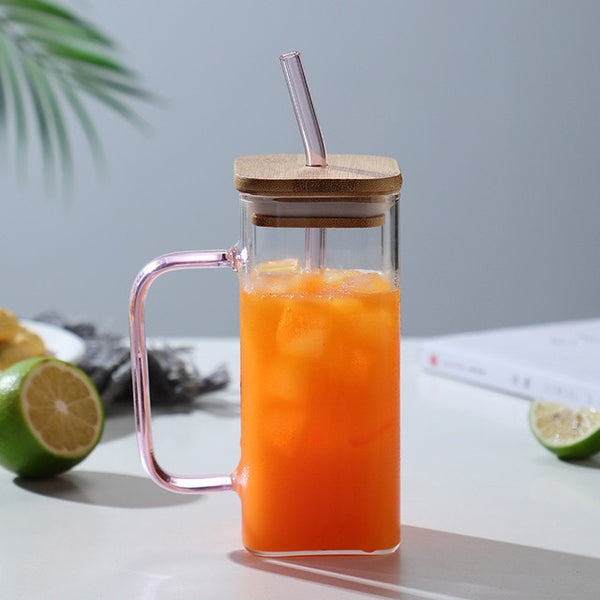 Stylish Square Glass Mug With Lid and Straw