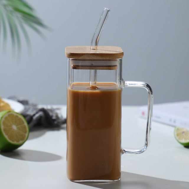 Stylish Square Glass Mug With Lid and Straw