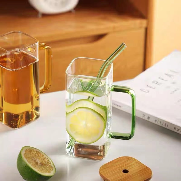 Stylish Square Glass Mug With Lid and Straw