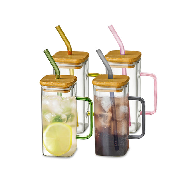 Stylish Square Glass Mug With Lid and Straw