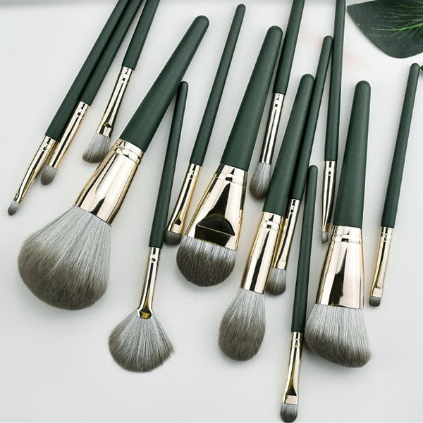 14 Pieces Green Makeup Brush Set